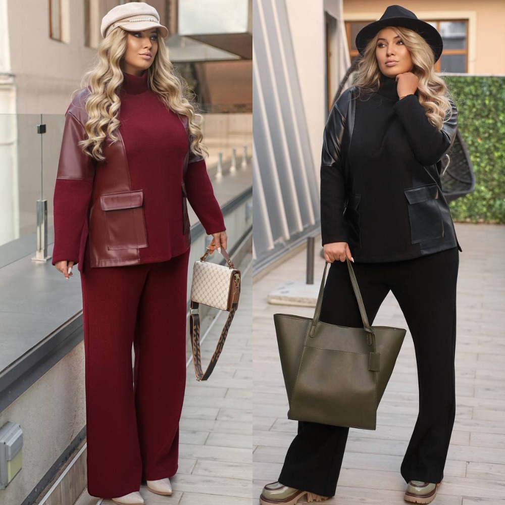 Костюм жіночий брючний, від 50 до 64р, тепла двостороння ангора, декорований вставками зі штучної шкіри